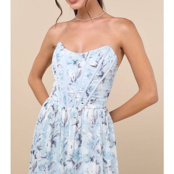 NWT Lulus Special Moment Light Blue Floral Strapless Bustier Maxi Dress XS - Picture 2 of 8
